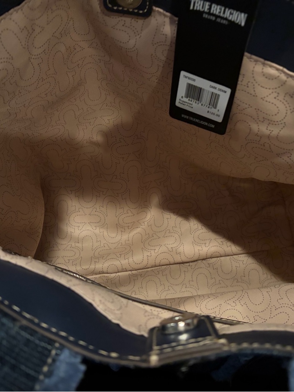 True Religion Dark Denim Tote Bag with Shearling Trim - Picture 9 of 10
